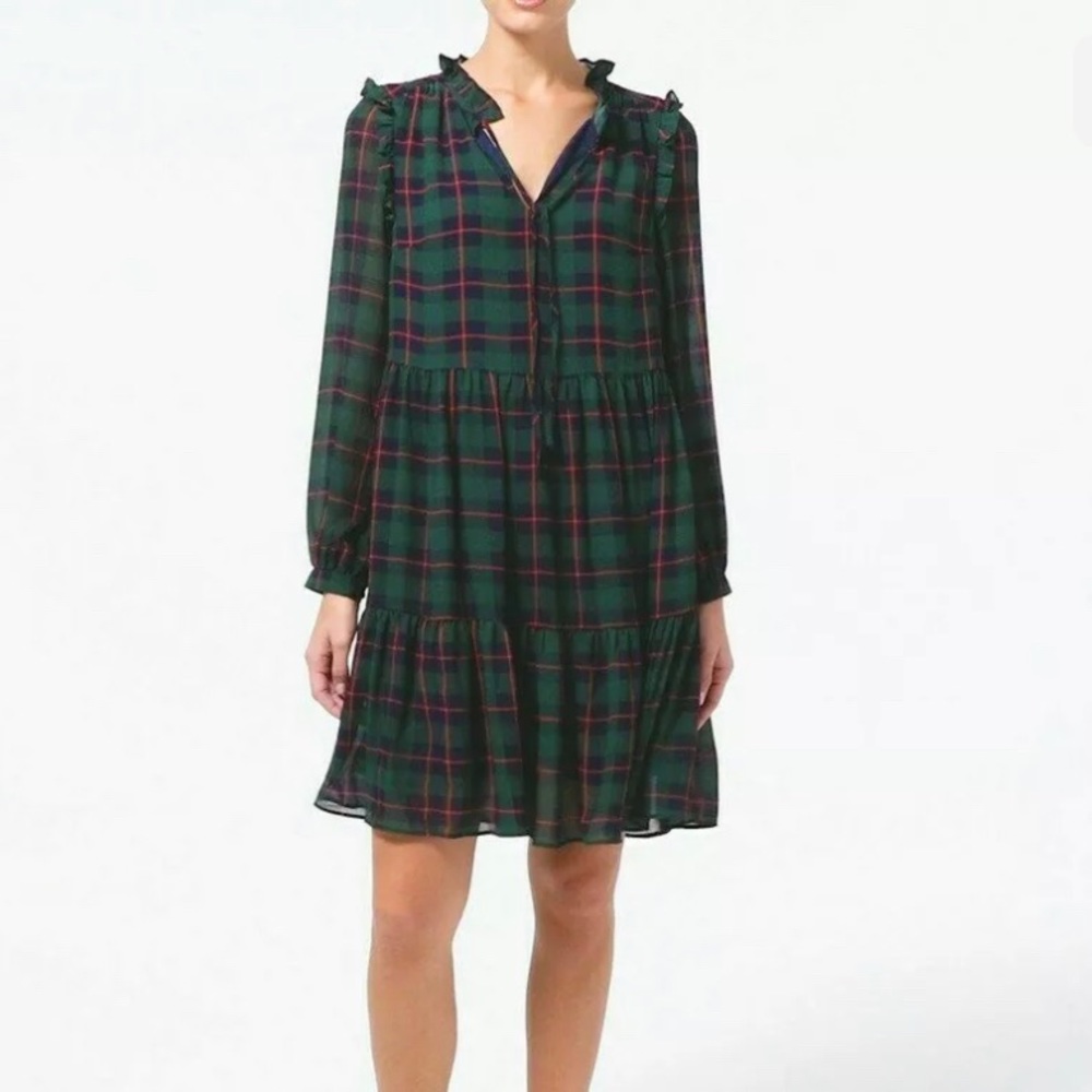 J Crew Tie neck tiered dress tartan pockets NWT XS